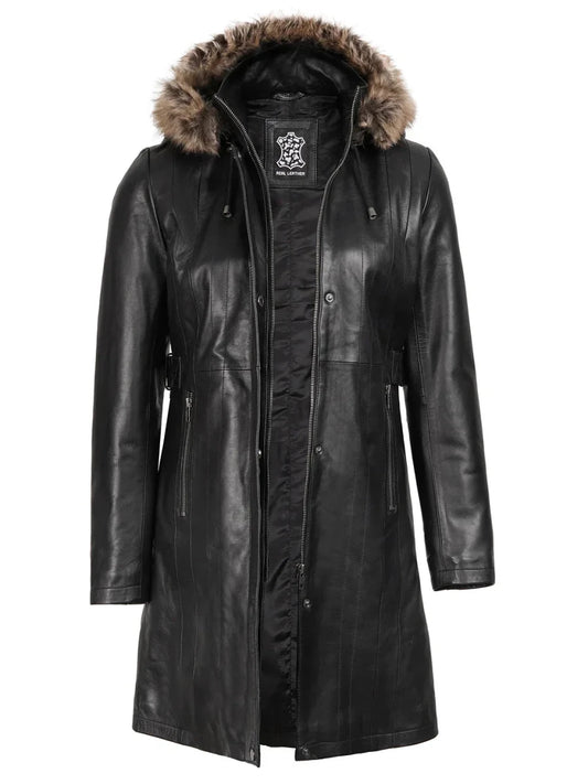 Women’s Black Real Lambskin Leather Hooded Shearling Coat - Vox Leather