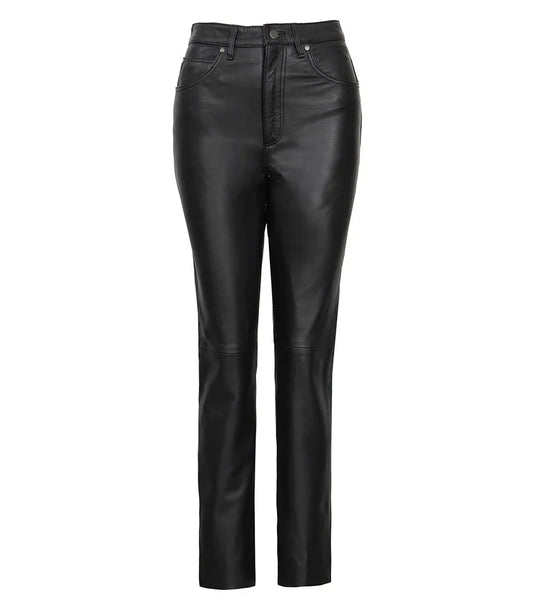 Women's Black Regular Fit Leg Leather Pants - Rare Leather