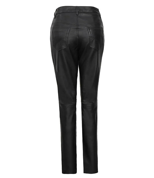 Women's Black Regular Fit Leg Leather Pants - Rare Leather