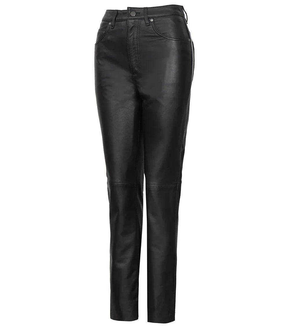 Women's Black Regular Fit Leg Leather Pants - Vox Leather