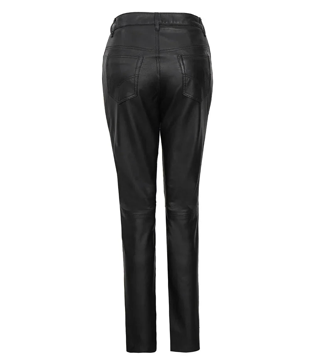 Women's Black Regular Fit Leg Leather Pants - Vox Leather