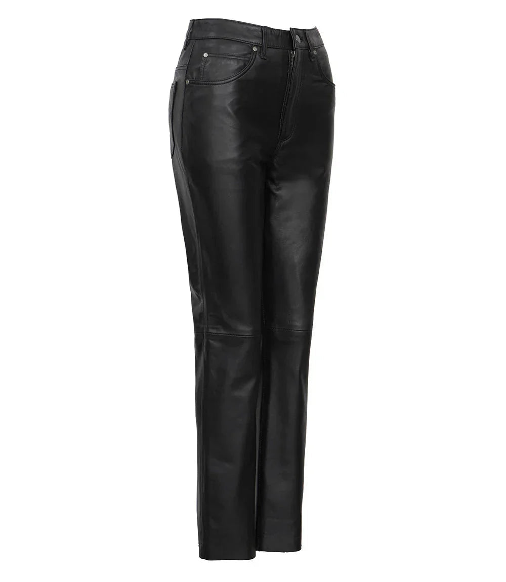 Women's Black Regular Fit Leg Leather Pants - Vox Leather