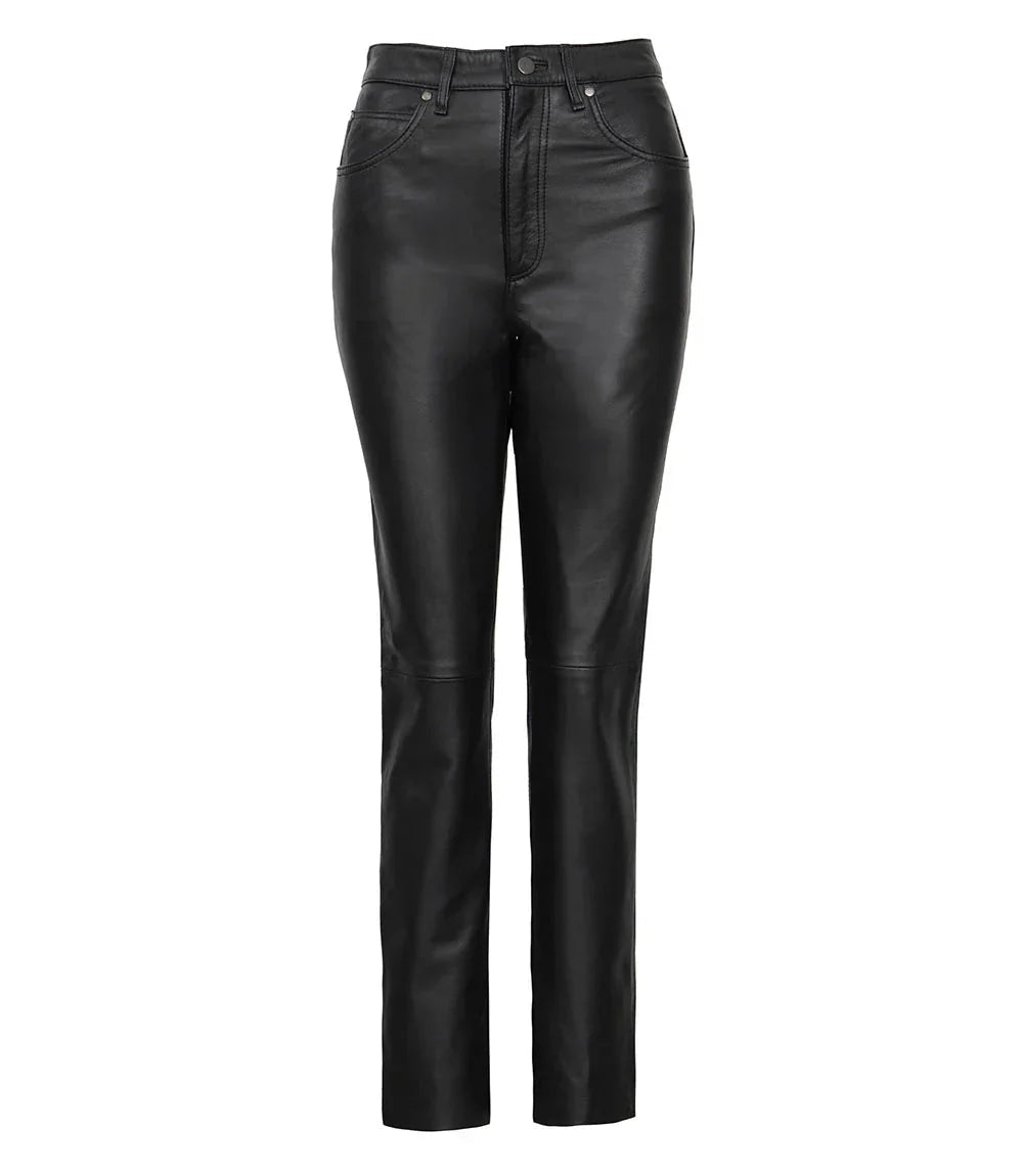 Women's Black Regular Fit Leg Leather Pants - Vox Leather
