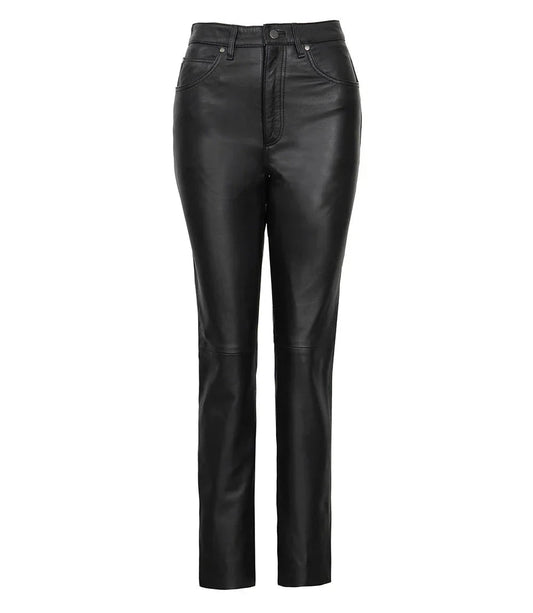 Women's Black Regular Fit Leg Leather Pants - Vox Leather