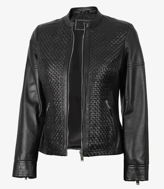 Women's Black Textured Cafe Racer Leather Jacket - Rare Leather