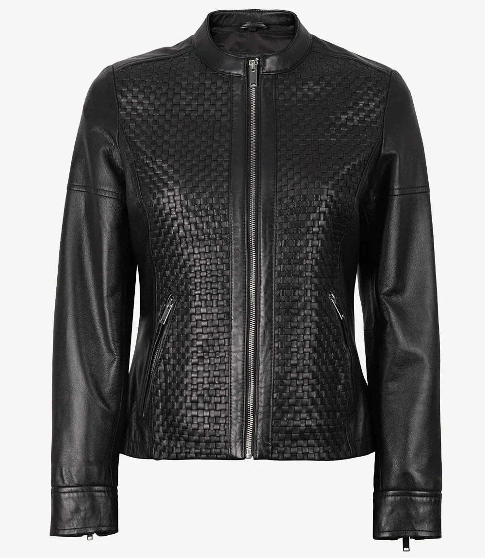 Women's Black Textured Cafe Racer Leather Jacket - Rare Leather