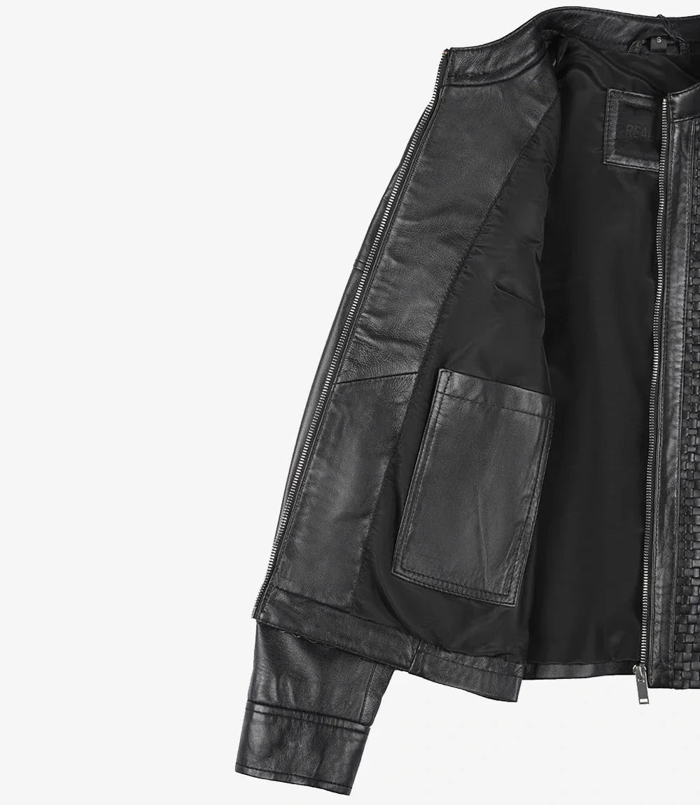Women's Black Textured Cafe Racer Leather Jacket - Rare Leather