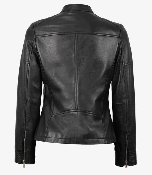 Women's Black Textured Cafe Racer Leather Jacket - Rare Leather