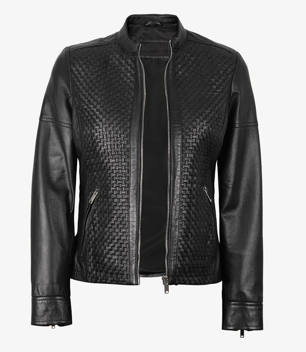 Women's Black Textured Cafe Racer Leather Jacket - Vox Leather