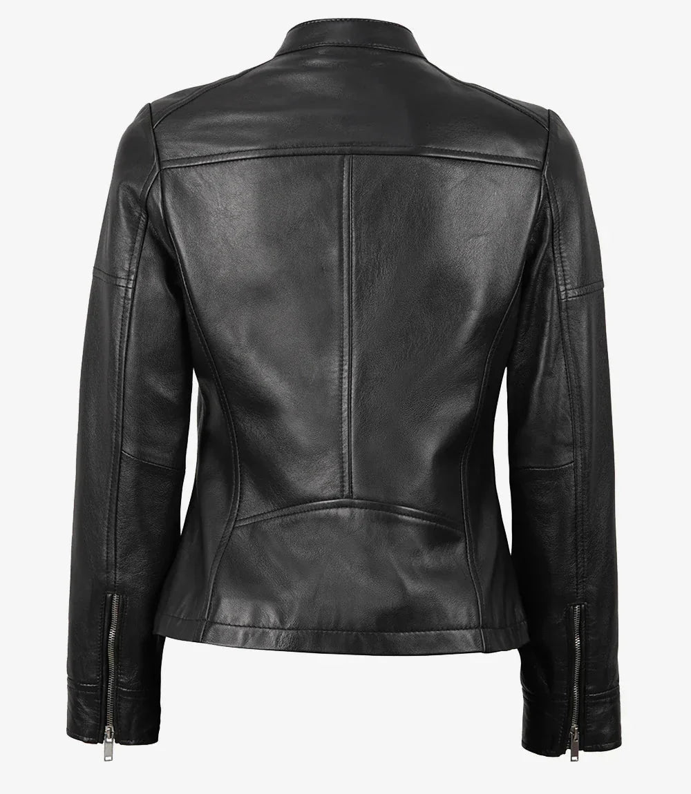 Women's Black Textured Cafe Racer Leather Jacket - Vox Leather
