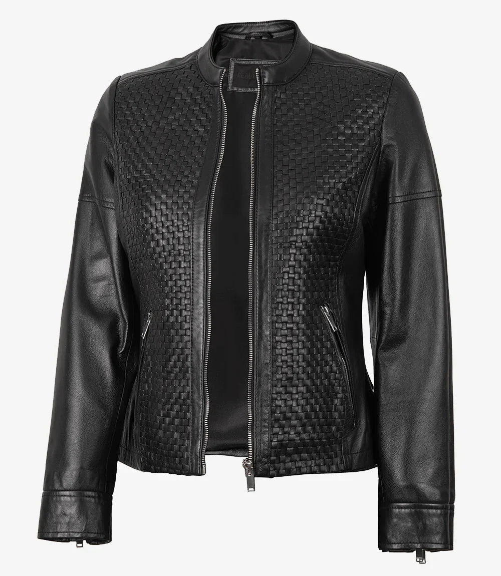 Women's Black Textured Cafe Racer Leather Jacket - Vox Leather