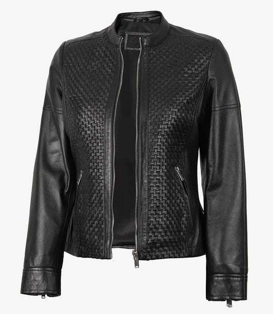 Women's Black Textured Cafe Racer Leather Jacket - Vox Leather