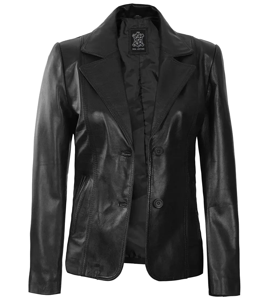 Women's Black Two-Button Leather Blazer Jacket - Vox Leather