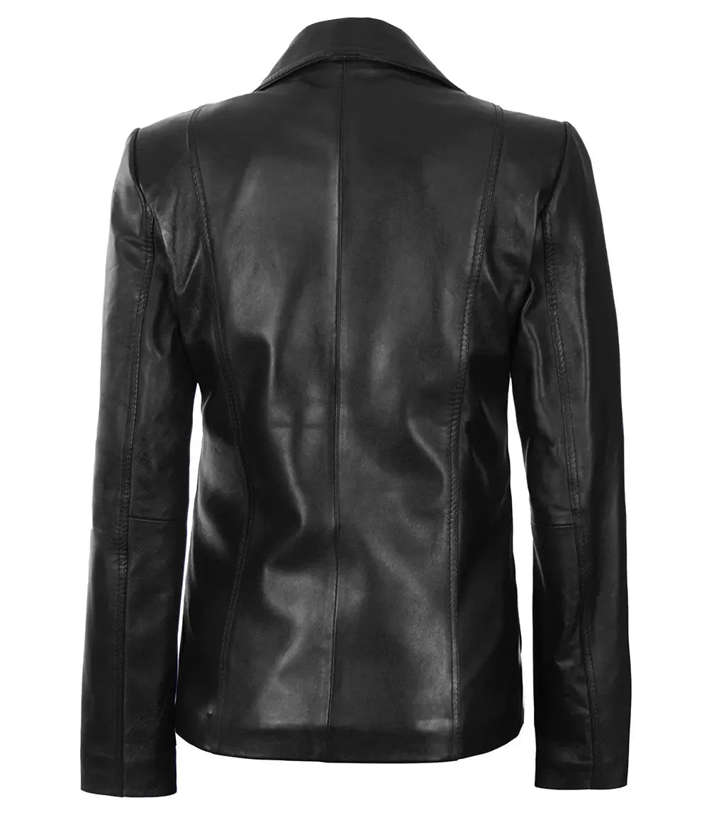 Women's Black Two-Button Leather Blazer Jacket - Vox Leather