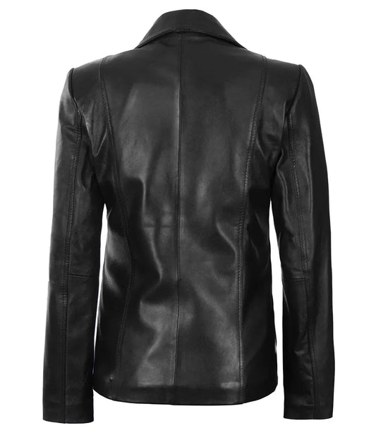 Women's Black Two-Button Leather Blazer Jacket - Vox Leather