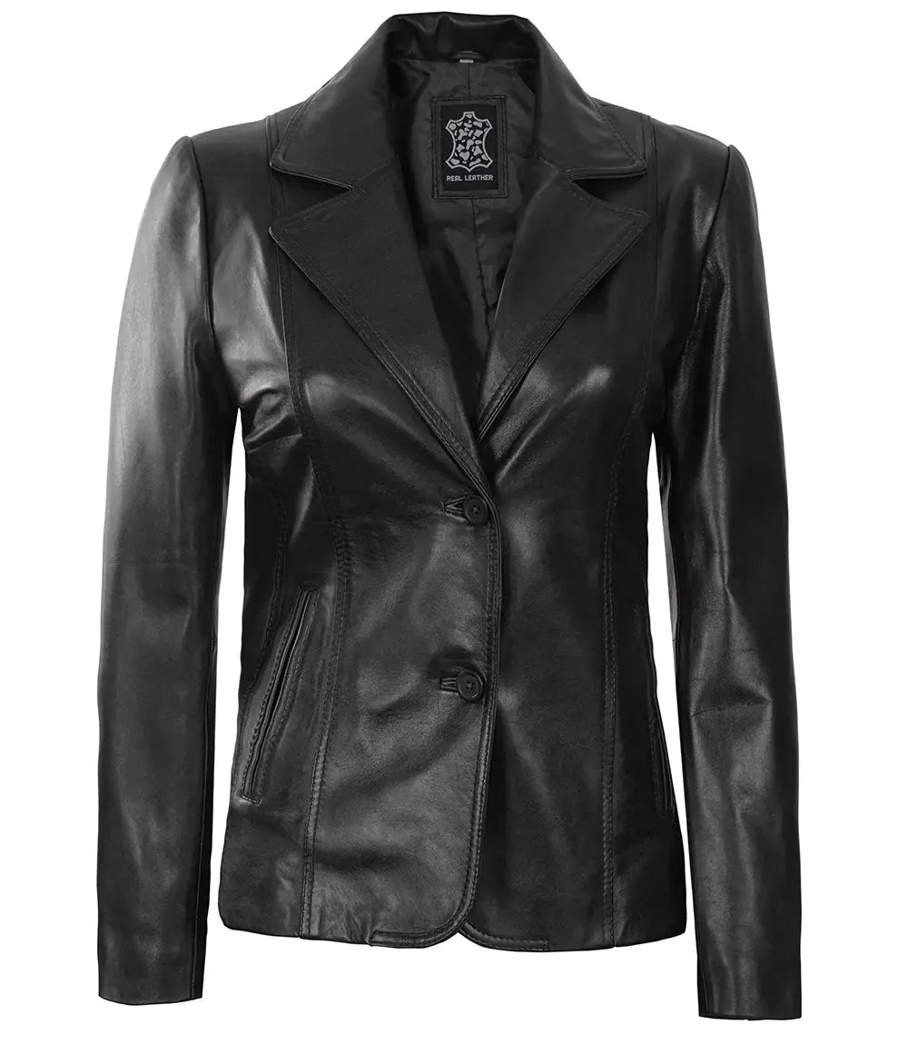 Women's Black Two-Button Leather Blazer Jacket - Vox Leather