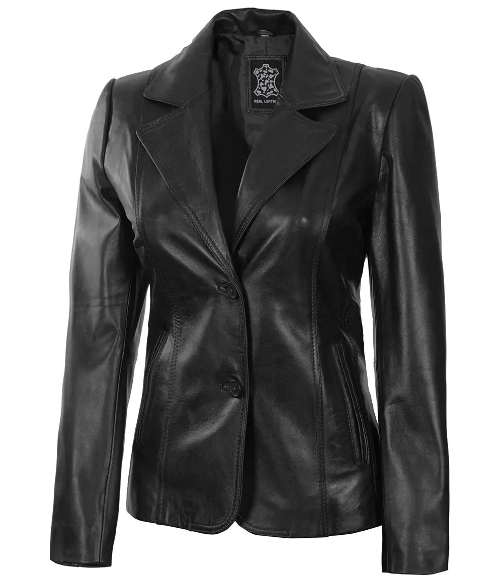 Women's Black Two-Button Leather Blazer Jacket - Vox Leather