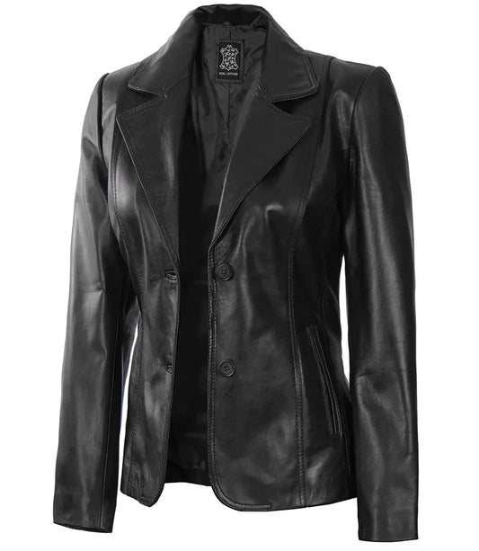 Women's Black Two-Button Leather Blazer Jacket - Vox Leather