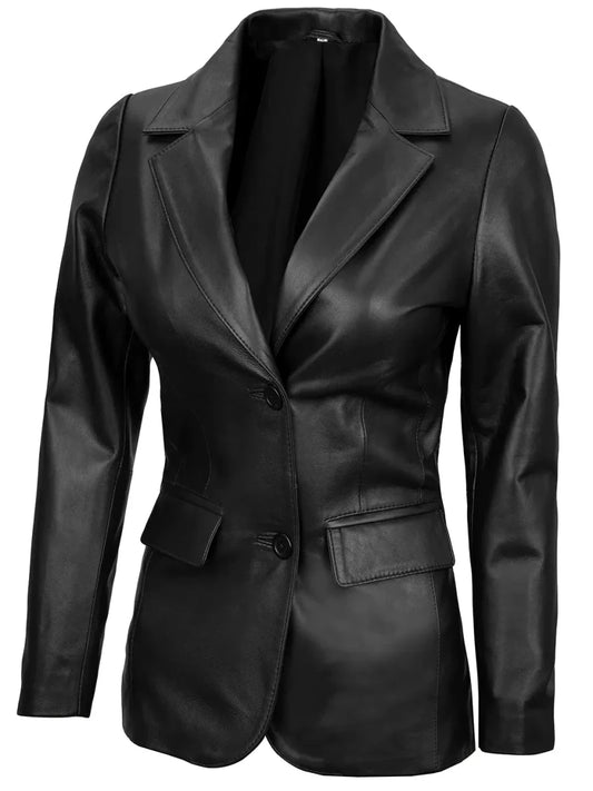 Women's Black Two-Button Real Leather Blazer - Vox Leather