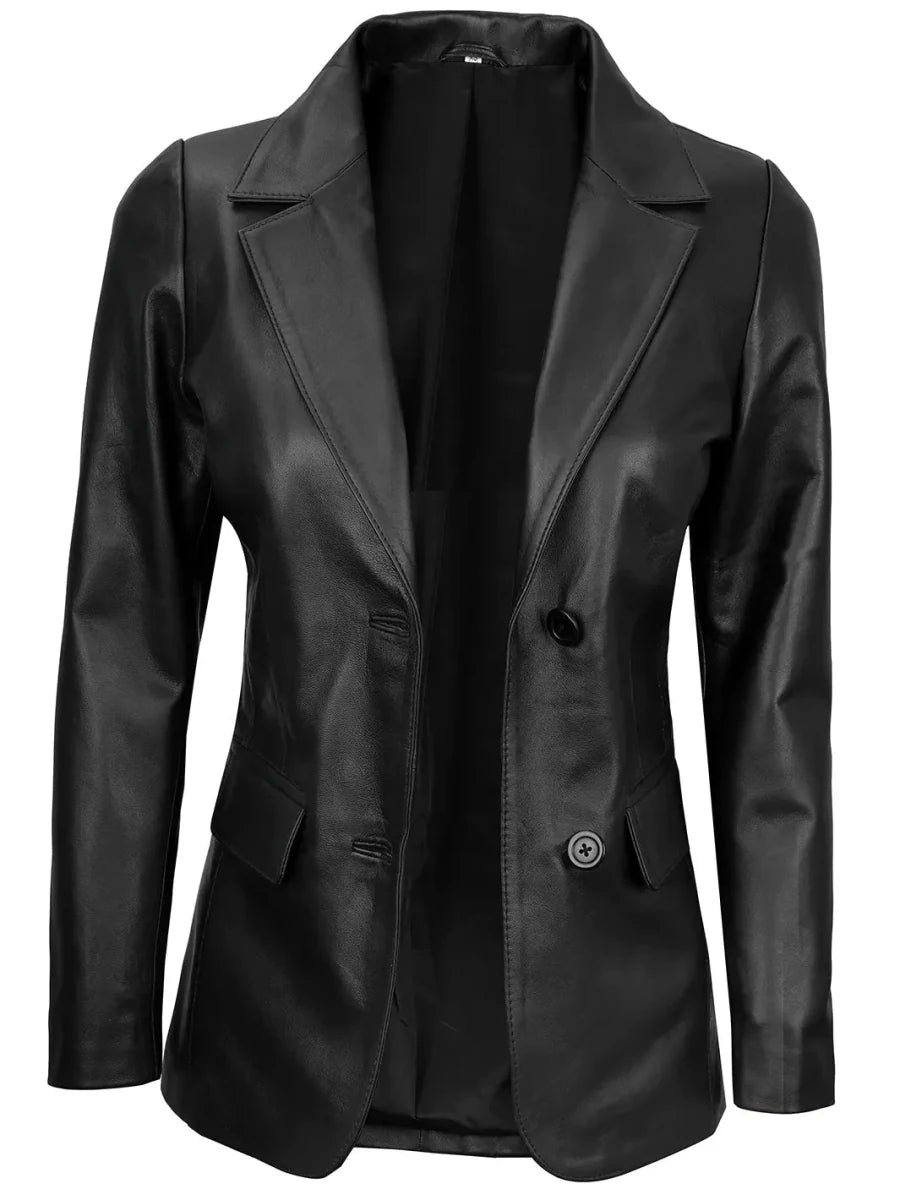 Women's Black Two-Button Real Leather Blazer - Vox Leather