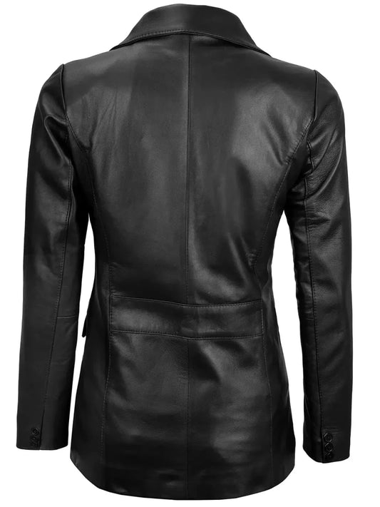 Women's Black Two-Button Real Leather Blazer - Vox Leather
