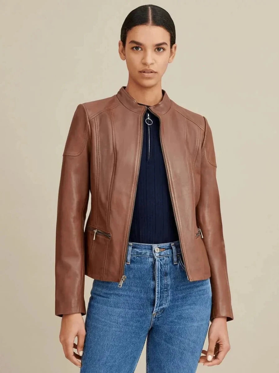 Women’s Brown Leather Biker Jacket Crew Neck - Vox Leather