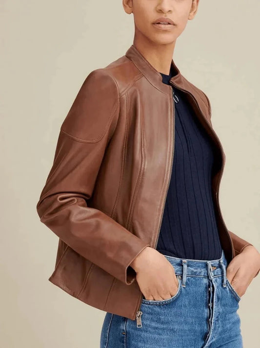 Women’s Brown Leather Biker Jacket Crew Neck - Vox Leather