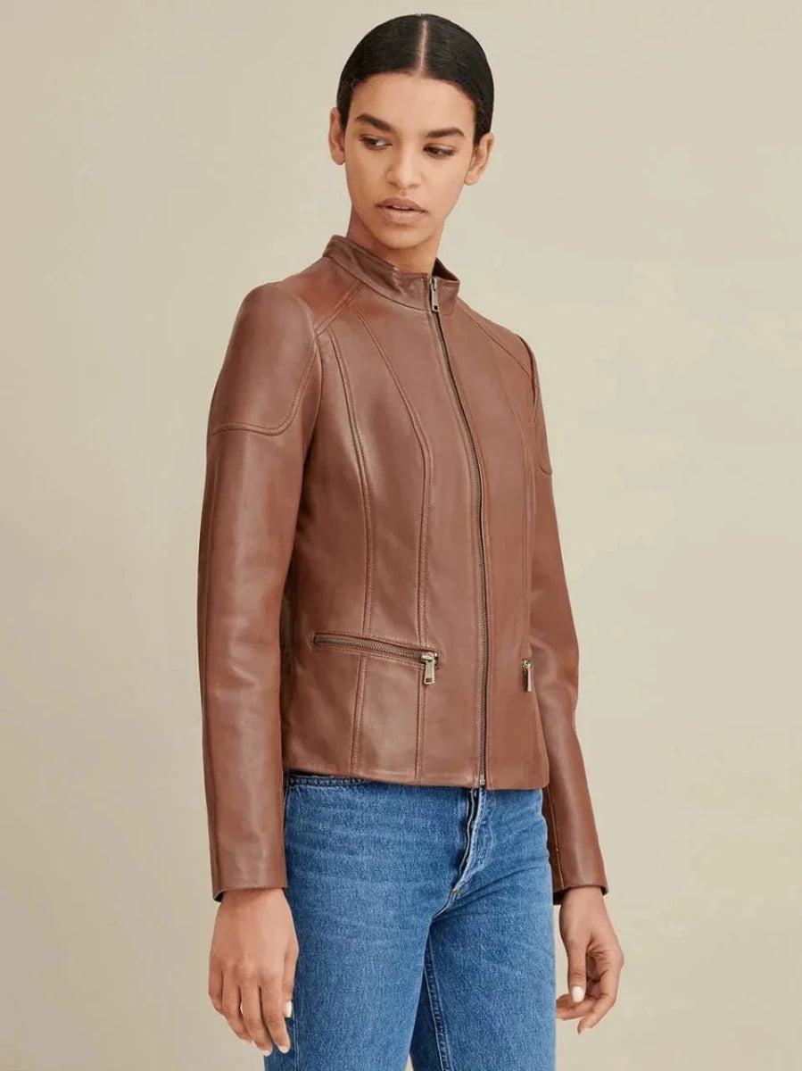 Women’s Brown Leather Biker Jacket Crew Neck - Vox Leather