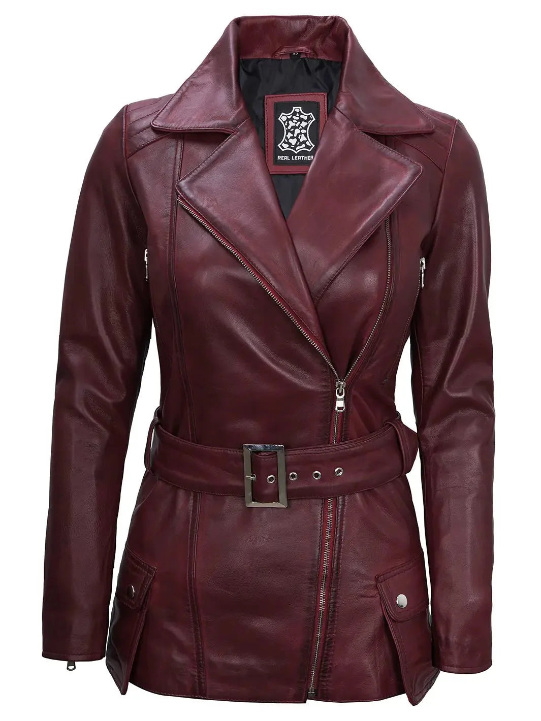 Women's Burgundy Asymmetrical Biker Real Leather Jacket - Rare Leather