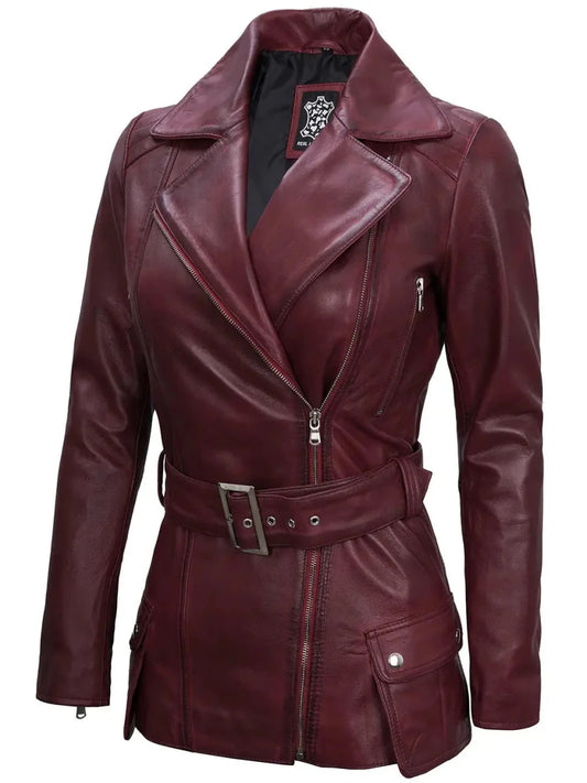 Women's Burgundy Asymmetrical Biker Real Leather Jacket - Vox Leather
