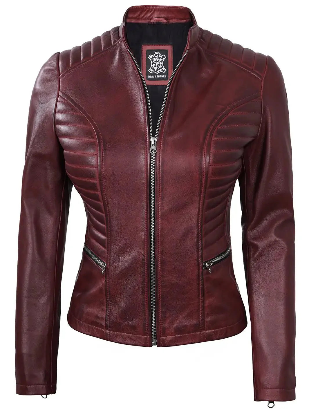 Women's Burgundy Cafe Racer Leather Jacket - Rare Leather