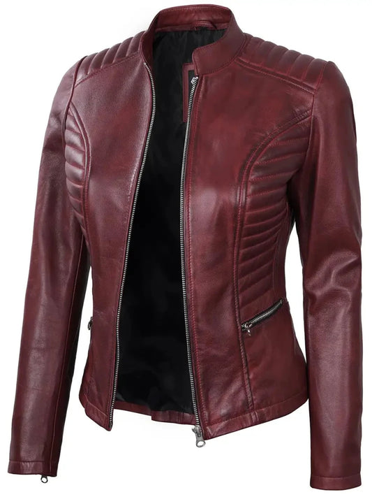 Women's Burgundy Cafe Racer Leather Jacket - Vox Leather