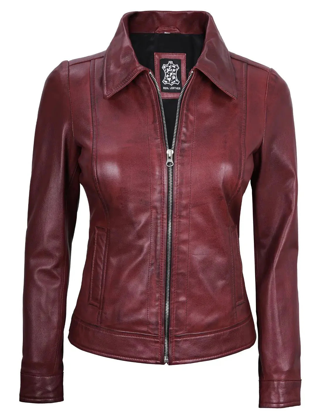 Women's Burgundy Harrington Real Leather Jacket - Rare Leather