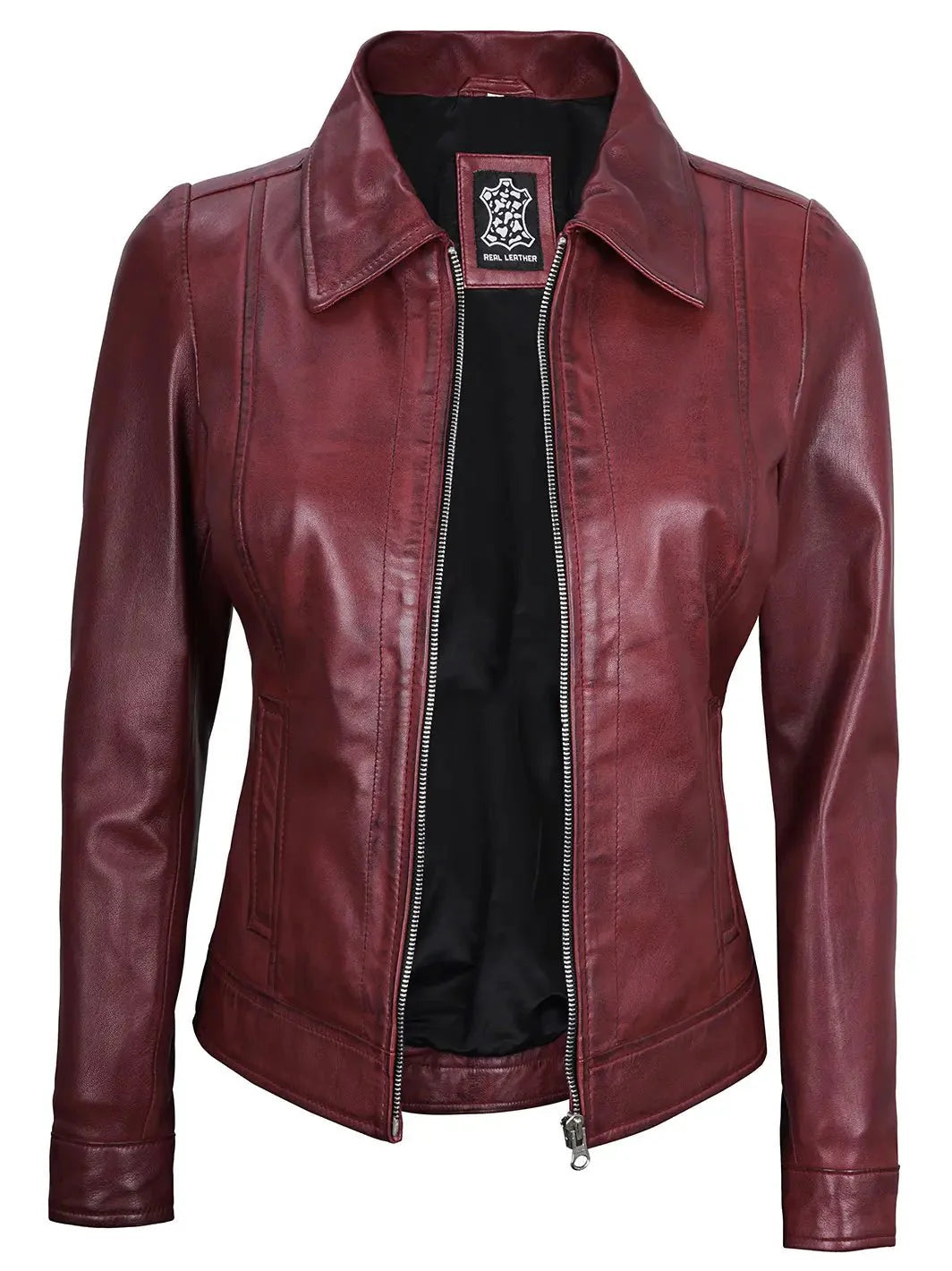Women's Burgundy Harrington Real Leather Jacket - Rare Leather