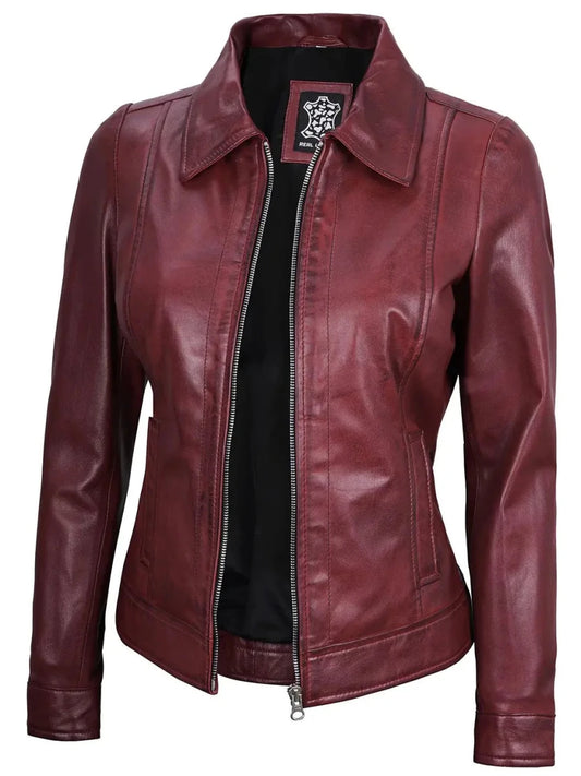 Women's Burgundy Harrington Real Leather Jacket - Vox Leather