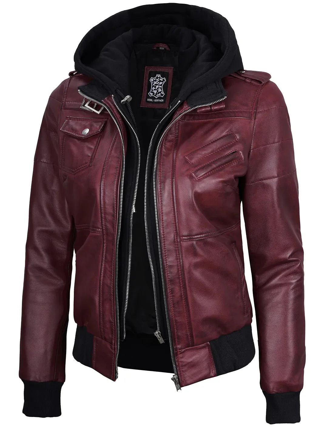 Women's Burgundy Leather Jacket with Removable Hood - Rare Leather