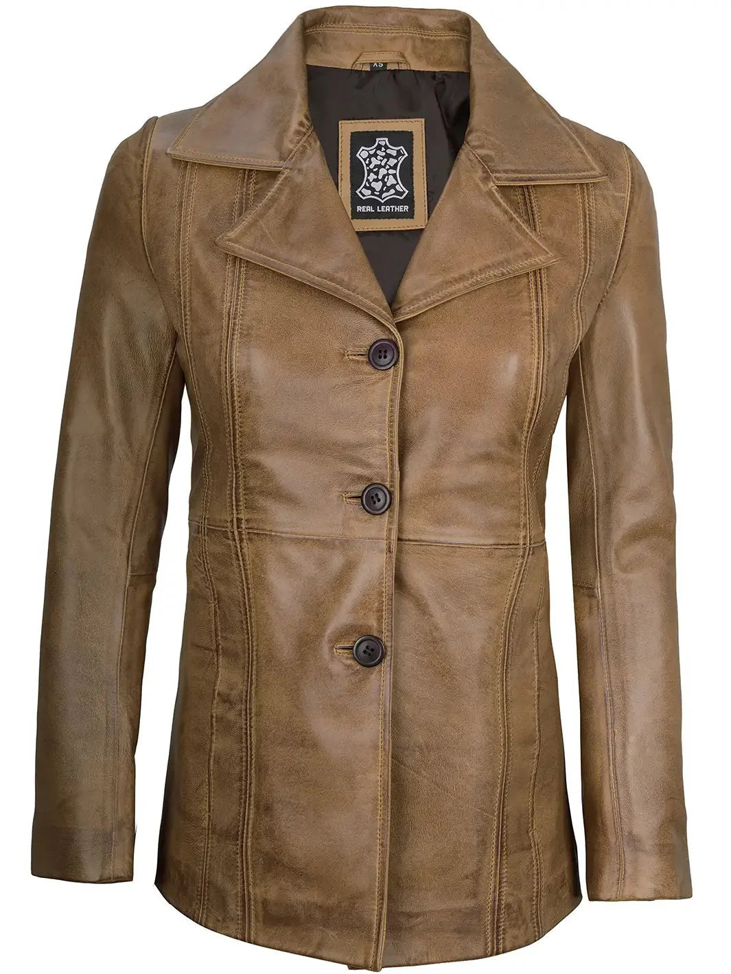 Women’s Camel Three Button Lambskin Leather Jacket - Rare Leather