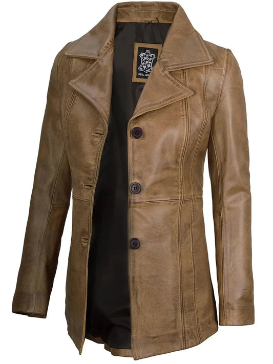 Women’s Camel Three Button Lambskin Leather Jacket - Vox Leather