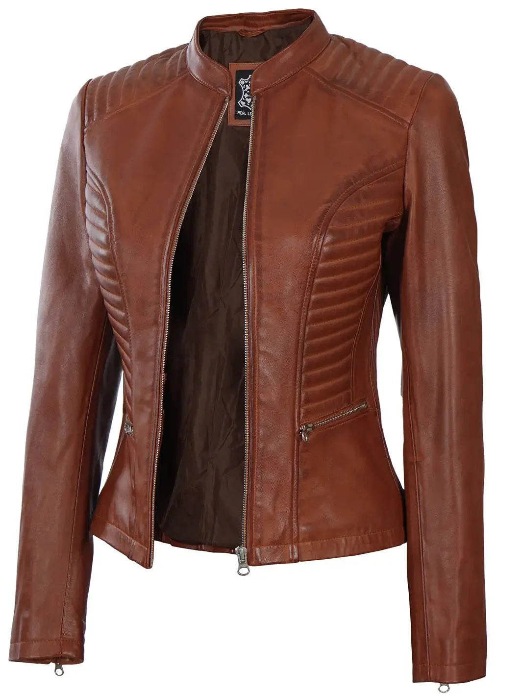 Women's Cognac Brown Biker Leather Jacket - Rare Leather