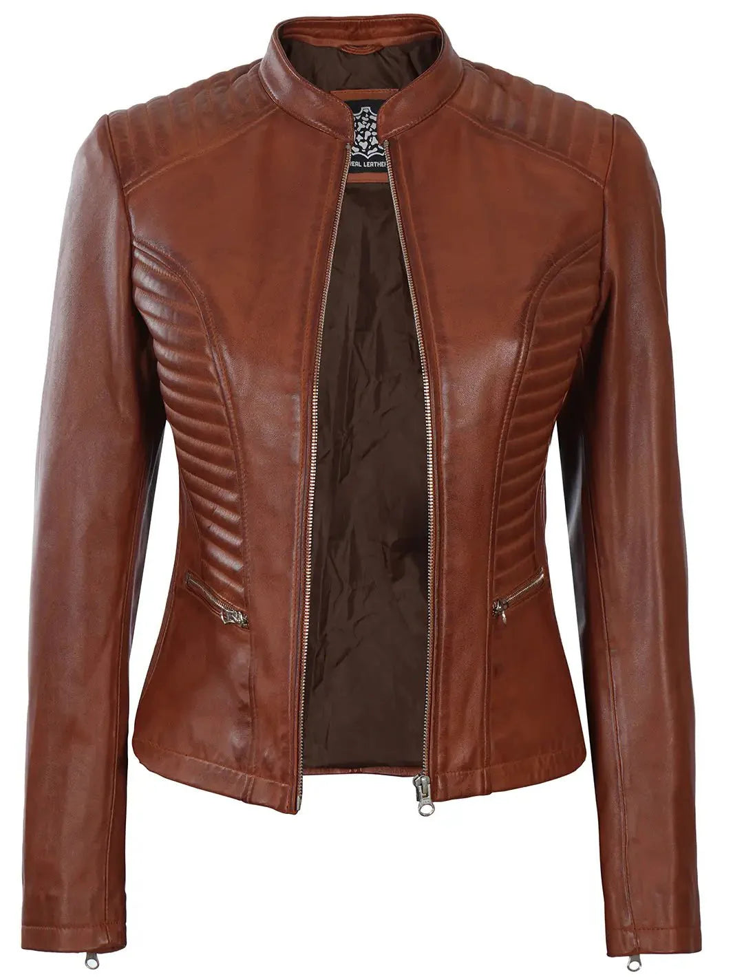 Women's Cognac Brown Biker Leather Jacket - Rare Leather