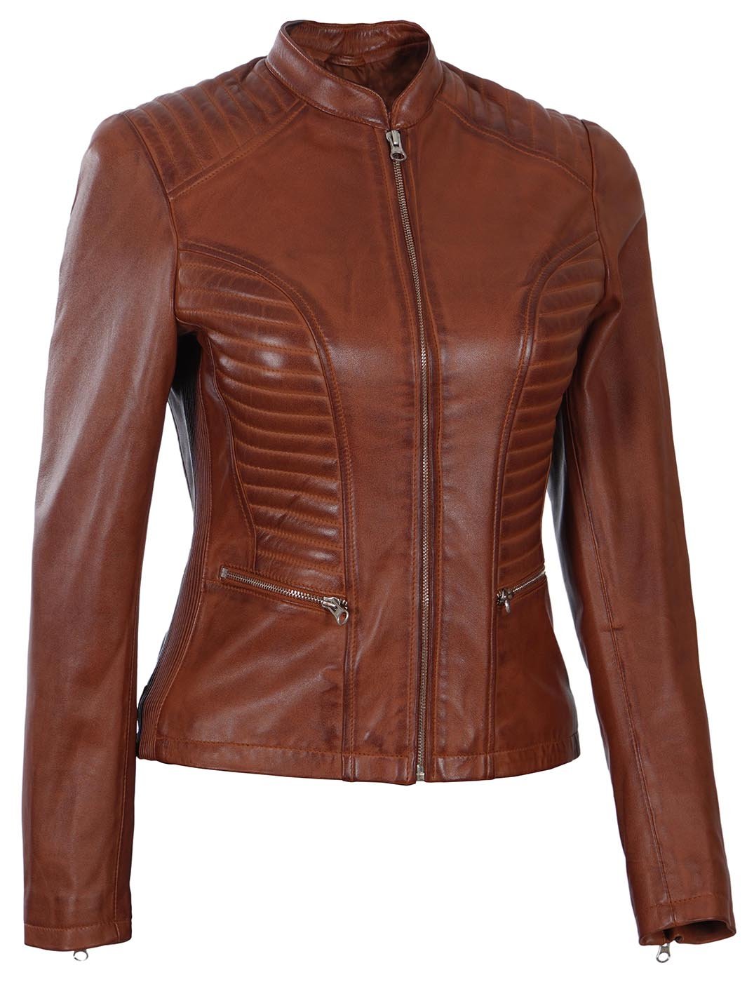 Women's Cognac Brown Biker Leather Jacket - Rare Leather