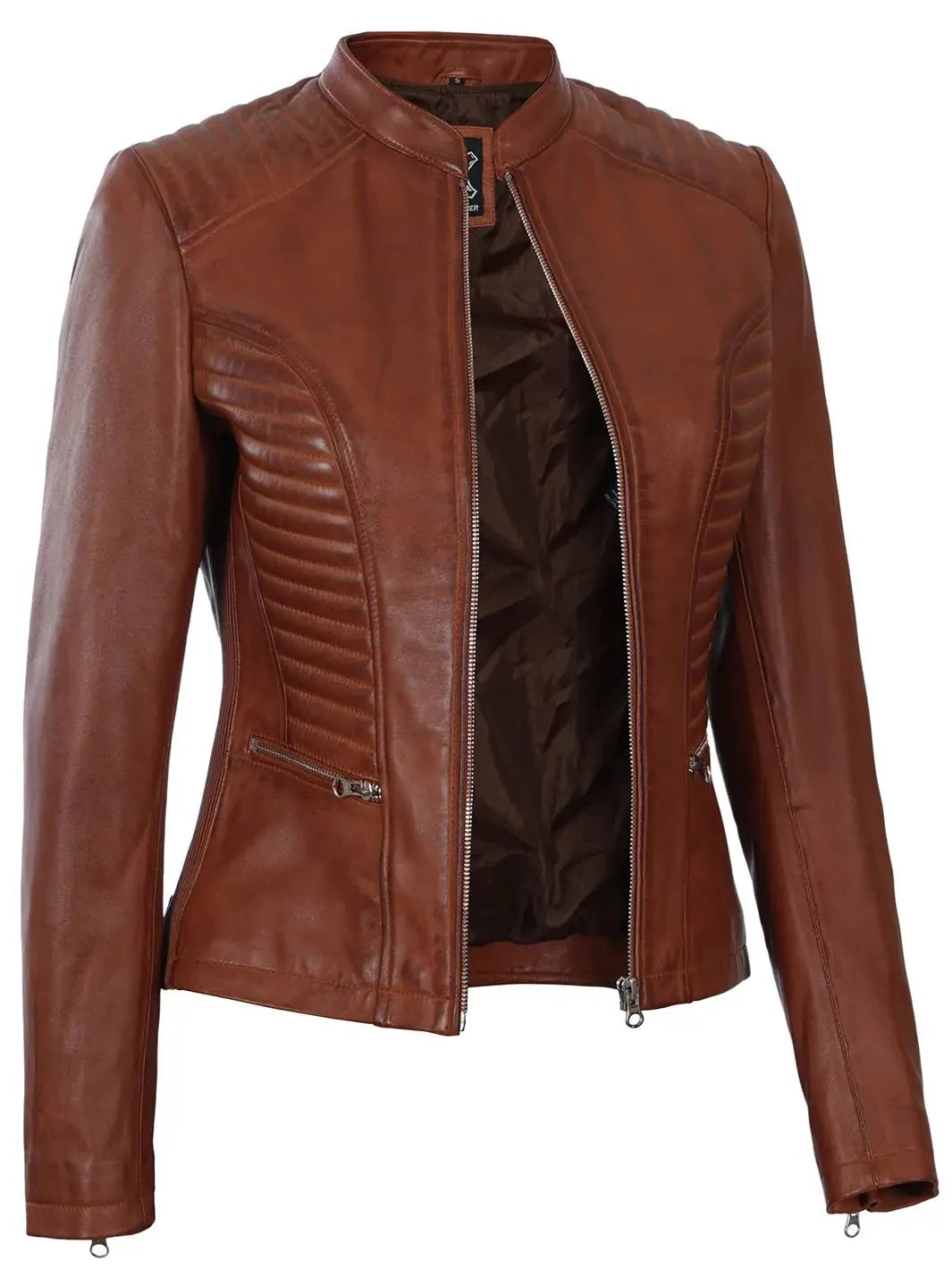Women's Cognac Brown Biker Leather Jacket - Rare Leather