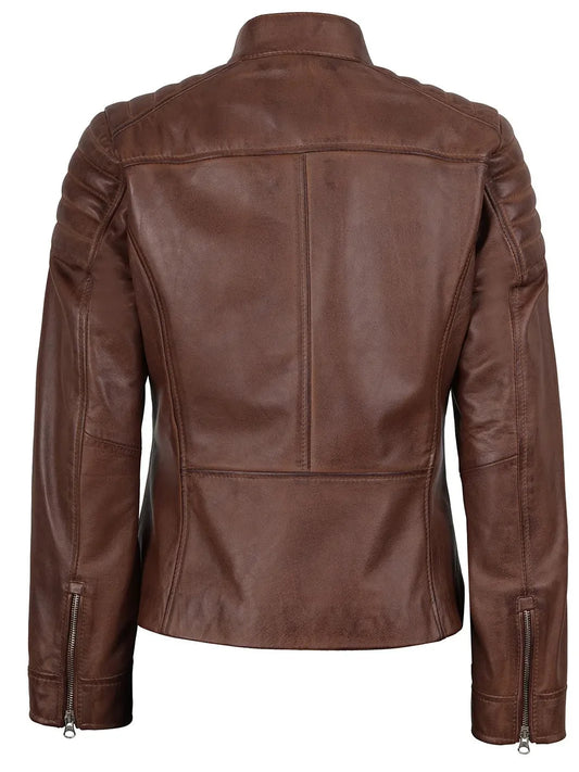 Womens Cognac Brown Cafe Racer Leather Jacket - Rare Leather