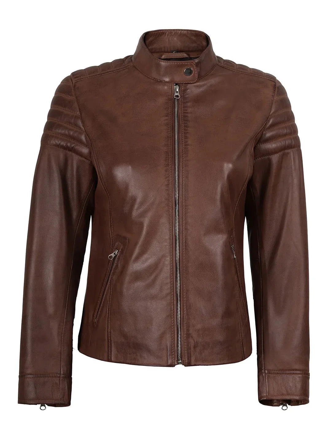 Womens Cognac Brown Cafe Racer Leather Jacket - Rare Leather