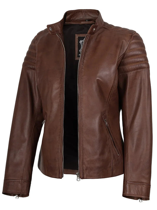 Womens Cognac Brown Cafe Racer Leather Jacket - Rare Leather