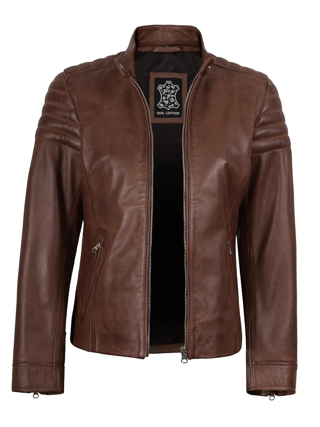 Womens Cognac Brown Cafe Racer Leather Jacket - Rare Leather