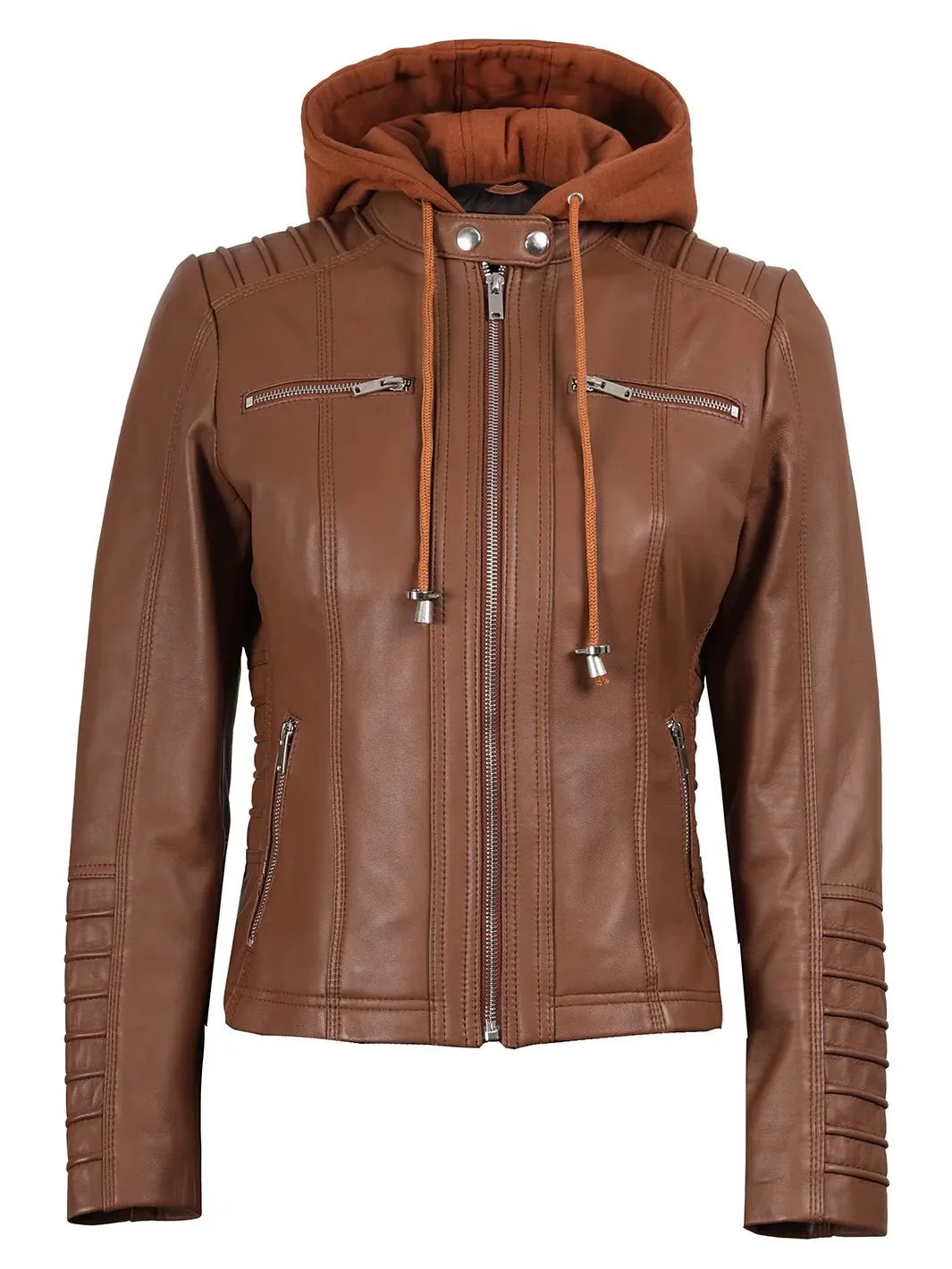 Women's Cognac Brown Leather Jacket With Removable Hood - Rare Leather
