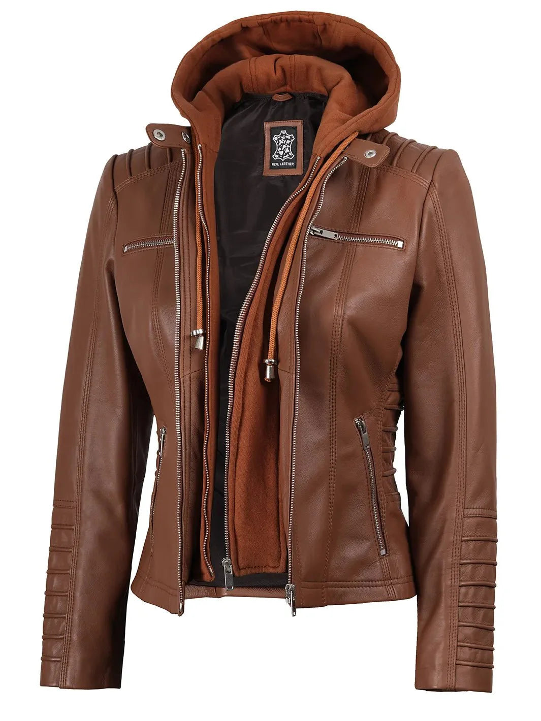 Women's Cognac Brown Leather Jacket With Removable Hood - Rare Leather