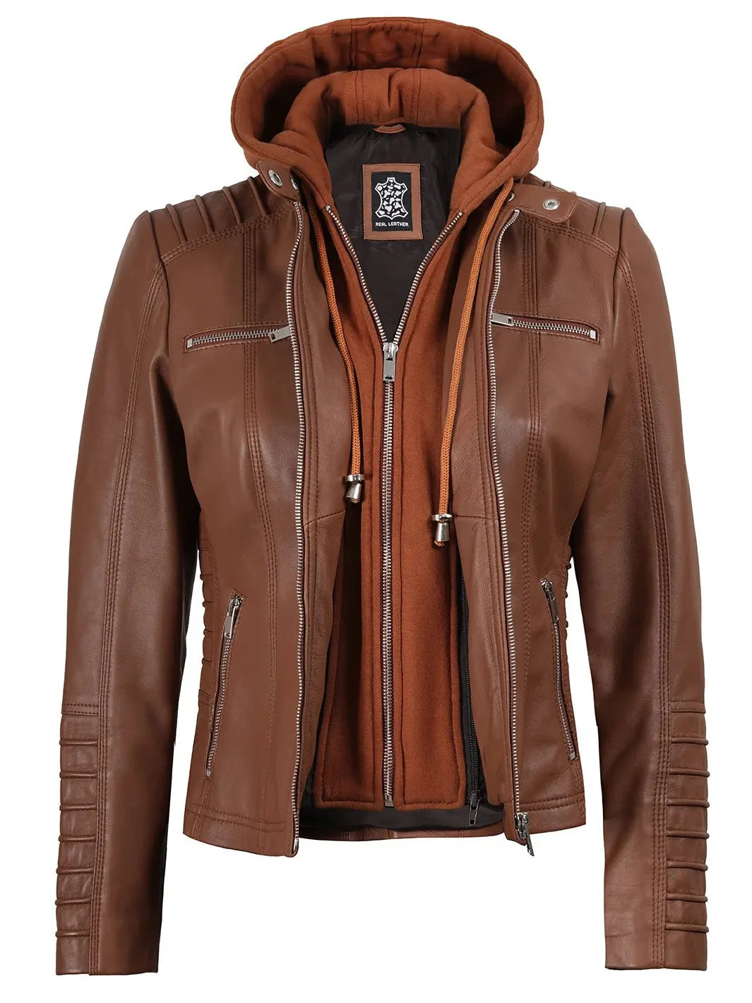 Women's Cognac Brown Leather Jacket With Removable Hood - Rare Leather
