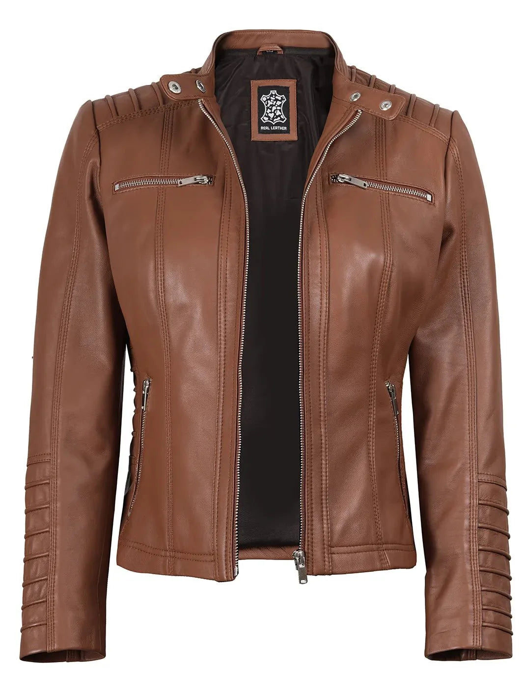 Women's Cognac Brown Leather Jacket With Removable Hood - Rare Leather
